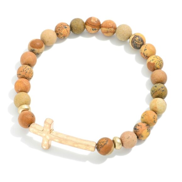 One Blessed Nana Jewelry - NWT BOUTIQUE Stone Beaded Stretch Bracelet Featuring Hammered Metal Cross
